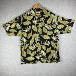 Tommy Bahama Shirt Mens Large Black Green Hawaiian Camp Floral Silk Tropical